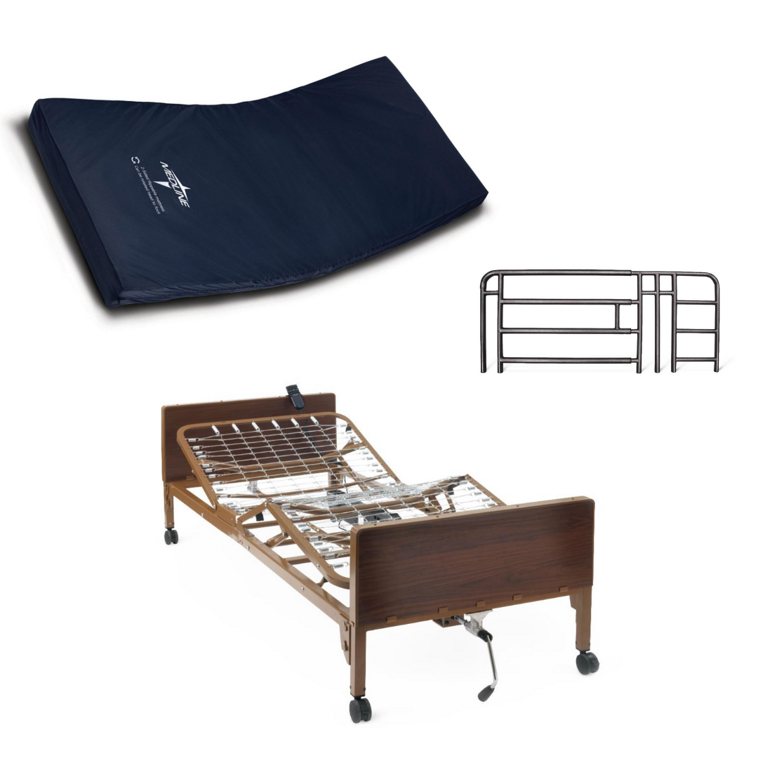 The Medline Homecare Semi-Electric Bed (15-20 height range) is shown with a lightweight wheeled frame, navy blue foam mattress, and metal safety rails displayed separately on a white background.